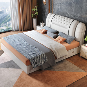 林氏木业真皮床现代简约婚床高箱床1.8米双人床 主卧储物床榻榻米