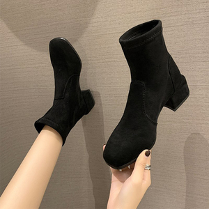 百丽官方正品马丁靴女2021年秋冬新款方头瘦瘦靴中跟粗跟加绒弹力