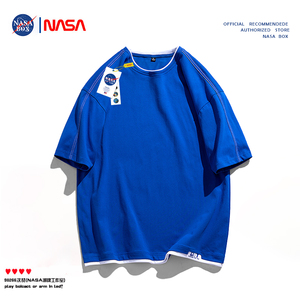 NASA短袖T恤男宽松假两件圆领套头卫衣复古日系纯色学生男女上衣