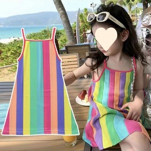 多巴胺穿搭女童彩虹条纹吊带亲子家裙薄款凉快夏装海边沙滩度假连
