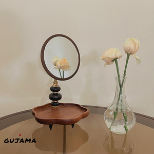 GUJAMA 复古木质桌面圆形化妆镜可旋转带收纳梳妆台复古美妆镜ins