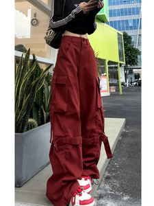 美式高街多口袋工装裤女夏季高个子直筒拖地阔腿裤裤子红色运动裤