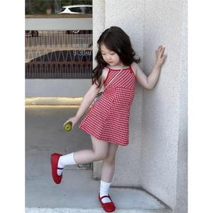 女童洋气格子连衣裙女宝宝夏季红色吊带裙儿童装夏装2024新款裙子