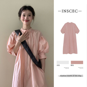 粉色短袖衬衫裙女2023夏季新款宽松设计感法式简约纯色连衣裙长裙
