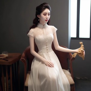 新中式国风白色立领短袖连衣裙女法式气质高端精致改良旗袍裙夏季