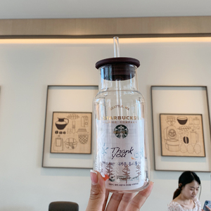 韩国星巴克杯子2020简约透明玻璃吸管杯牛奶瓶咖啡杯ins473ml情侣