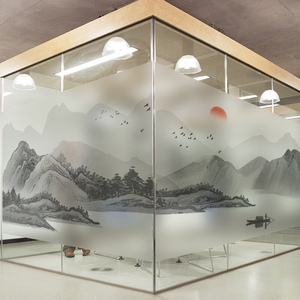 办公室静电贴纸大型新中式中国风艺术山水画磨砂玻璃贴膜图案定制