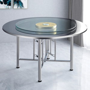 不锈钢圆桌面板吃饭桌子餐桌简易带玻璃转盘可折叠桌脚15人1米1.
