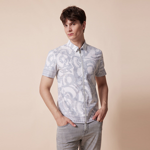 rare威雅男装 2022春夏新款航海地图印花拉链款短袖男士衬衫