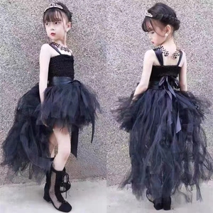 女童黑色晚礼服拖尾儿童t台模特摄影拍摄主持礼服走秀钢琴演出服