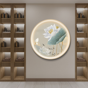 新中式圆形半透明丝绢纱画灯画装饰画进门玄关画双面屏风荷花挂画