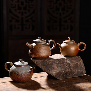 无釉柴烧茶具纯手工自然落灰壶粗陶柴烧壶手工拉坯草木柴火烧茶壶