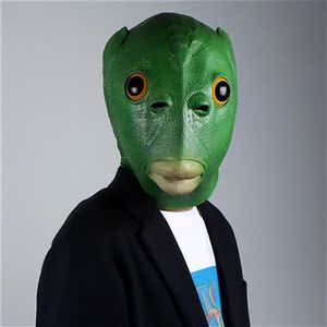 绿色鱼头面具全脸动物蜥w蜴恐怖怪物鱼嘴头套万圣节角色扮演道