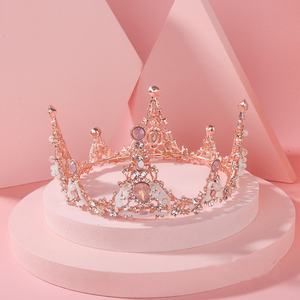 粉色皇冠头饰儿童生日公主女童王冠可爱圆形小女孩水晶礼服发饰仙