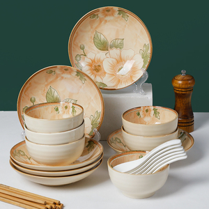 碗碟套装家用中式复古风陶瓷碗盘碗筷组合创意个性茉莉花饭碗菜盘