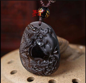 淘灵阁属猪本命年吉祥物龙鼠献桃黑曜石吊坠2019年龙鼠抱桃赠桃