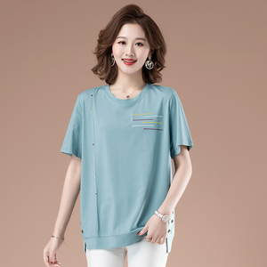 中老年女装纯棉短袖t恤女宽松大码遮肚子上衣t桖全棉汗衫半袖小衫