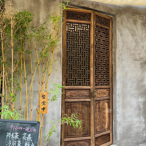 东阳木雕中式实木仿古门窗做旧茶室花格门复古隔断屏风雕花门定制