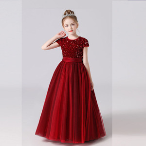 儿童红色晚礼服生日公主裙女童小主持人花童婚礼蓬蓬纱钢琴演出服