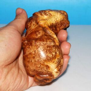 老许文玩 手工雕老料满花麻梨疙瘩聚财貔貅把件2688 精品金色貔貅
