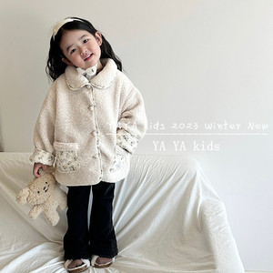 韩国童装女童冬款外套2023新款儿童韩版羊羔毛碎花镶拼加厚毛毛衣