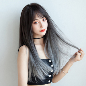 假发女中长直发时尚潮酷渐变烟灰色自然隐形大透气假发套全头套式