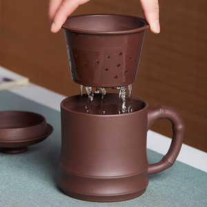 宜兴紫砂茶杯茶水分离内胆过滤盖杯男女办公带把盖杯子陶瓷泡茶杯