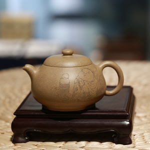 宜兴陶刻绘名家张重庆刻绘人物煮茶图原矿段泥卣香壶小品容量单壶