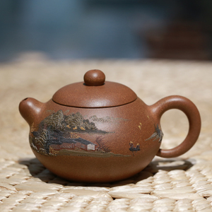 宜兴黄龙山老段泥工艺美术师名家施昌泥绘山水圣珠紫砂壶男士茶壶