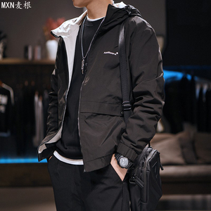 麦根潮牌男装连帽夹克外套男士春秋新款韩版潮流宽松美式黑色长袖