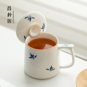 中国风纯手绘蝴蝶兰花舒影办公杯马克杯带盖陶瓷水杯茶杯咖啡杯子