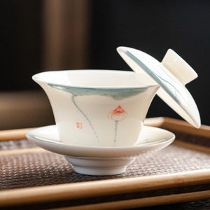 景德镇手绘羊脂玉三才盖碗可悬停泡茶白瓷单个悬浮敬茶茶杯陶瓷功