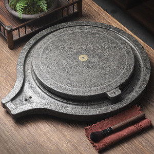 网红可旋转仿石磨茶盘家用现代轻奢天然乌金石排水式茶台排水石盘
