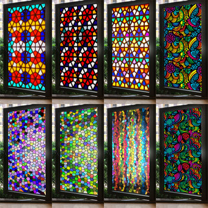 ae86_90h仓淘宝欧式彩色磨砂玻璃膜静电无胶免胶自粘美式教堂窗户