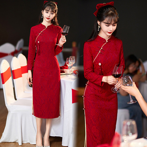 红色改良旗袍敬酒服新娘订婚礼服连衣裙中式回门便装敬茶拜年战袍