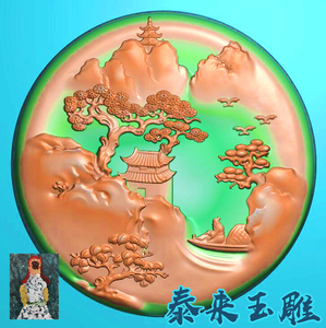 山水人物小船老人弹琴圆牌精雕图浮雕玉雕灰度图jdpbmp电脑雕刻图