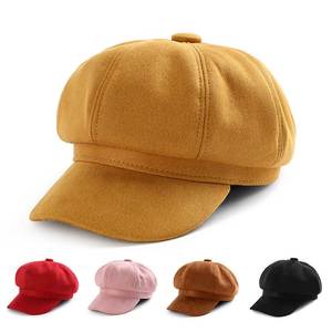 帽子女士八角帽新款鹿皮绒英伦贝雷帽韩版秋冬复古时装黄色毛呢帽