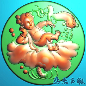 圆形荷叶鱼童子戏莲圆牌挂件精雕图浮雕玉雕灰度图jdpbmp电脑雕刻