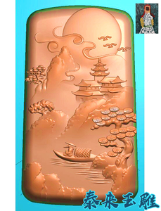 山水风景渔船小船老人钓鱼精雕图浮雕玉雕灰度图jdpbmp电脑雕刻图