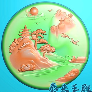 新款意境浅雕山水圆牌精雕图浮雕玉雕灰度图jdpbmp电脑雕刻图
