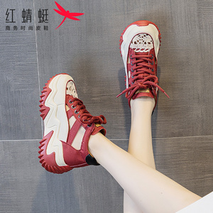 红蜻蜓红色运动鞋女2024夏季新款鞋子厚底内增高镂空老爹鞋女薄款