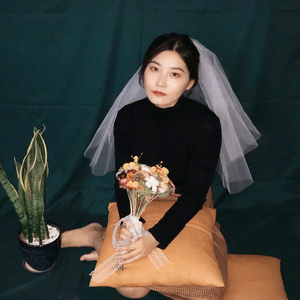 海马体圣诞头纱拍照道具超仙短款写真森系蝴蝶结新娘领证婚纱头.