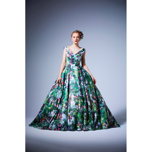 蜷川实花简约深v褶皱吊带闪光烫金印花缎面华丽宴会主持礼服婚纱