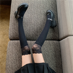 蕾丝花边拼接长筒过膝丝袜女黑丝秋冬加厚纯棉靴袜性感纯欲大腿袜