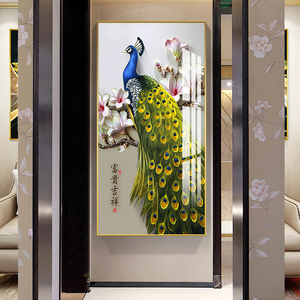 欧式轻奢玄关装饰画美式竖版孔雀画入户进门走廊过道尽头墙壁挂画