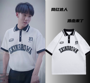 浩杰来了同款衣服港风字母印花翻领polo衫男女夏季新款情侣体恤衫