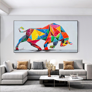 纯手绘油画动物生肖牛抽象牛气冲天客厅装饰画横版挂画美式轻奢风