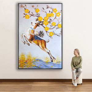 04沁水木美学淘宝新中式梅花鹿纯手绘油画客厅国风动物麋鹿装饰壁画