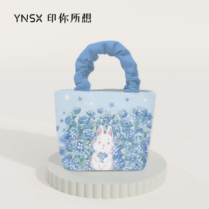 联名yutou蓝色绣球手提包2024新款女大容量小众设计斜挎小帆布包
