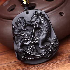 天然乌金黑曜石麒麟吊坠麒麟送子项链挂件招财挂坠男女款正品水晶